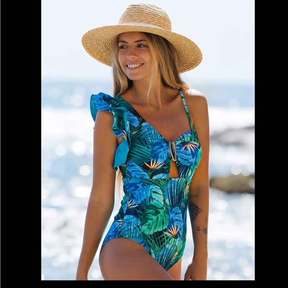 Sexy Leaf Print rifle Shoulder Tummy Control One Piece Swimsuit bathing suit